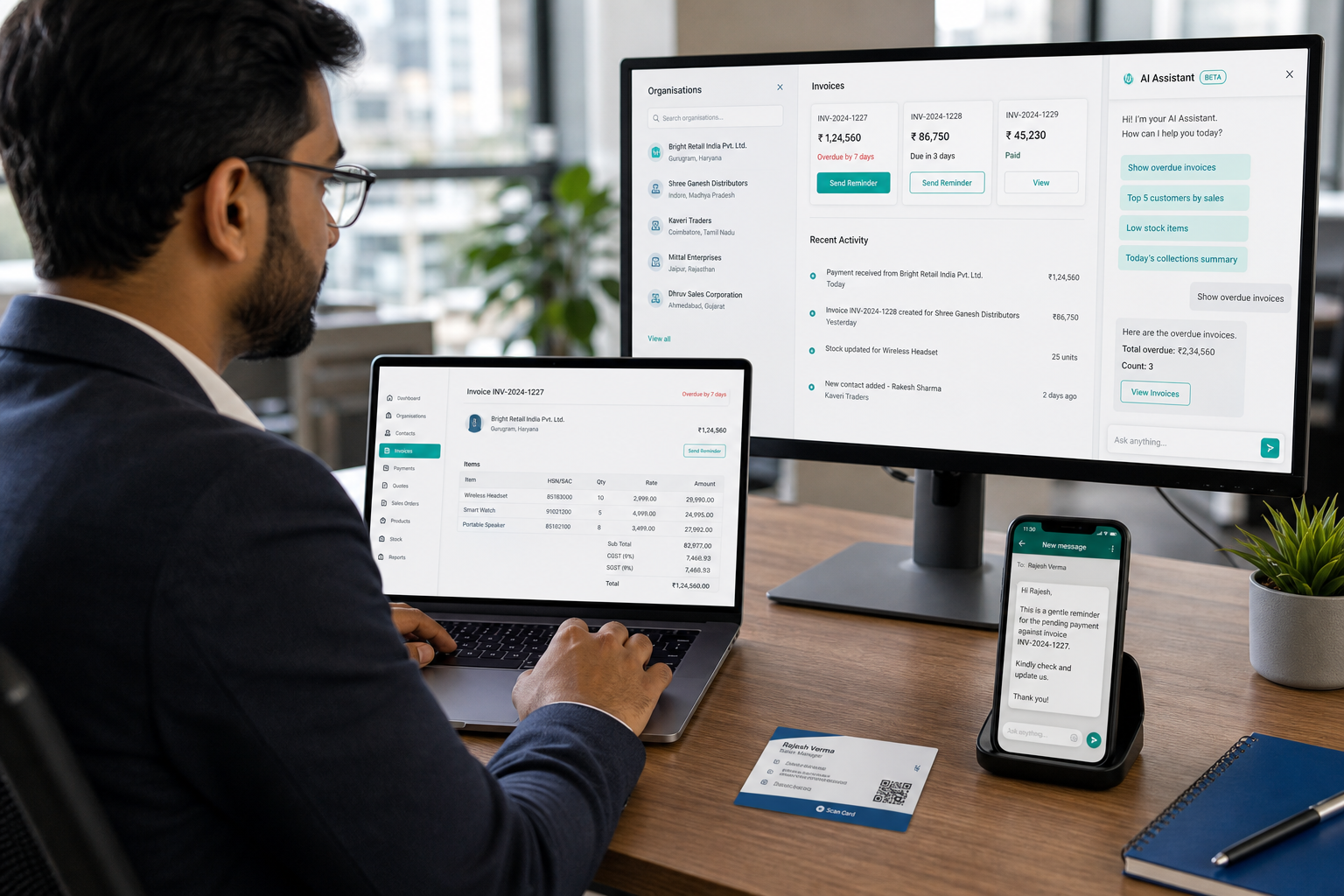 SF Astra AI assistant with Sales Funda CRM — chat, WhatsApp reminders and visiting-card scan