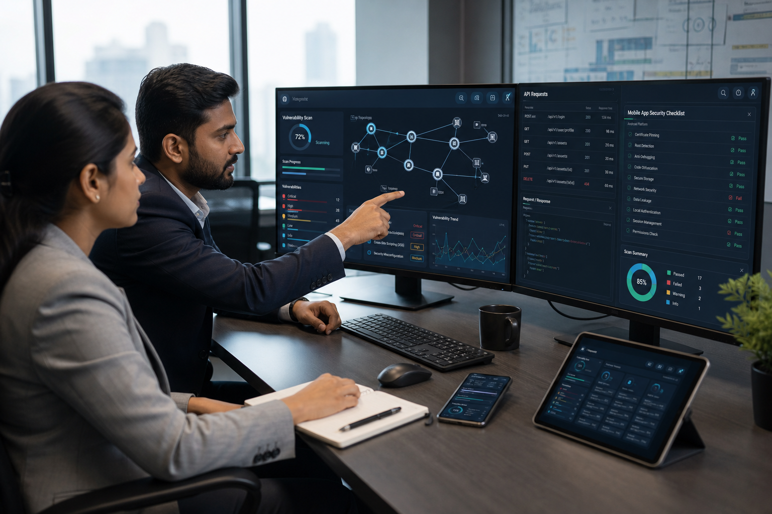 FQRS cybersecurity analysts reviewing web, mobile and API vulnerability assessment dashboards